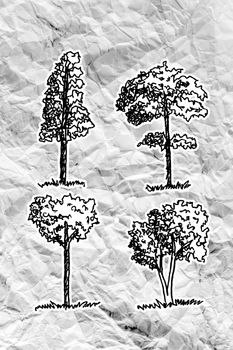 Set of trees with leaves on crumpled paper