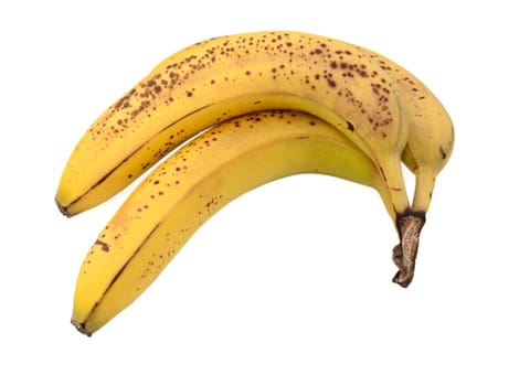 Three overripe bananas with brown spots, isolated on a white background