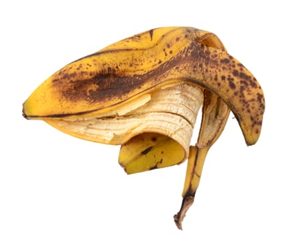Empty spotted overripe banana skin, isolated on a white background