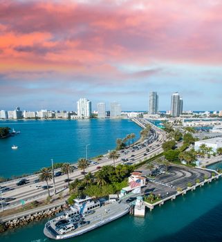 Beautiful cityscape of Miami along the sea.