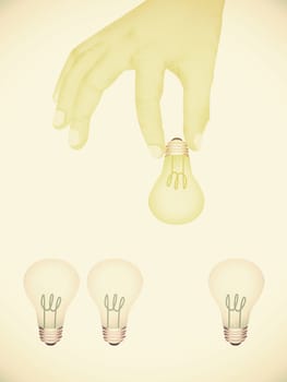 Paper texture ,  illustration of hand picking bright light bulb