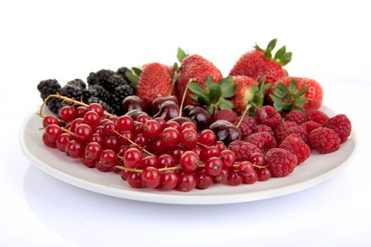 plate of fresh red summer fruits and berries