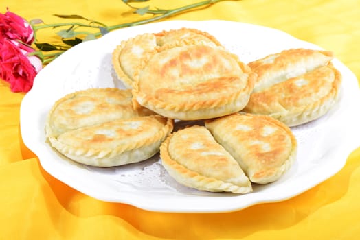 Chinese Food:Toasted Dumplings on a white plate against golden background