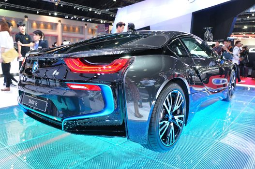 NONTHABURI - MARCH 25: NEW BMW I8  on display at The 35th Bangkok International Motor show on MARCH 25, 2014 in Nonthaburi, Thailand.