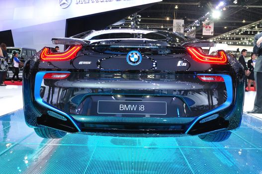 NONTHABURI - MARCH 25: NEW BMW I8  on display at The 35th Bangkok International Motor show on MARCH 25, 2014 in Nonthaburi, Thailand.