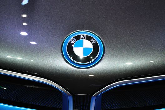 NONTHABURI - MARCH 25:Logo of  NEW BMW I8  on display at The 35th Bangkok International Motor show on MARCH 25, 2014 in Nonthaburi, Thailand.