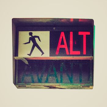 Vintage looking Traffic light for pedestrian crossing showing Alt sign in red meaning Stop