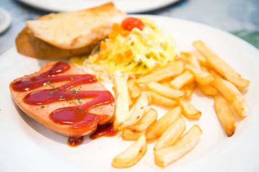 French Fries, Sausages with Ketchup