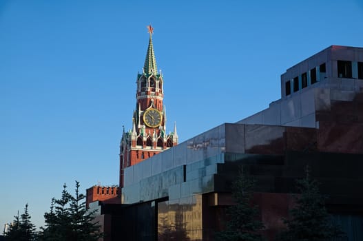 Lenin's Mausoleum and Spaska Tower of Moscow Kremlin on Red Square.