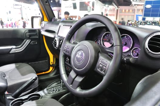 NONTHABURI - March 25: Interior design of New Jeep Wrangler Sahara on display at The 35th Bangkok International Motor show on March 25, 2014 in Nonthaburi, Thailand.