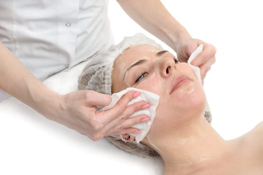 beauty salon, facial mask wiping, removing with napkins