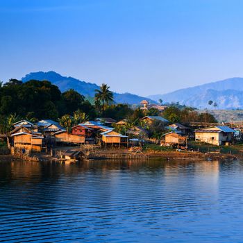 The longest wooden bridge and floating Town in Sangklaburi Kanchanaburi Thailand