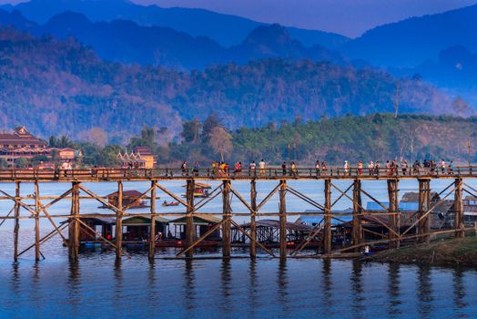 The longest wooden bridge and floating Town in Sangklaburi Kanchanaburi Thailand
