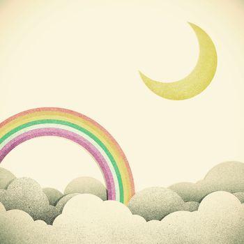 Old Grunge paper texture moon and rainbow on vintage tone  background
