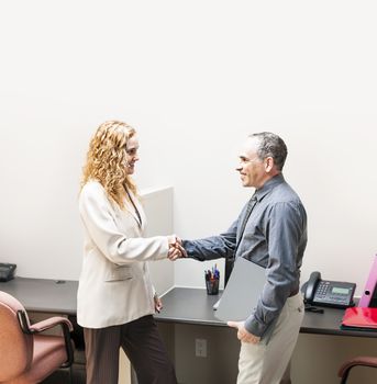 Man and woman meeting in office shaking hands