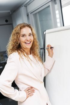 Smiling businesswoman writing on flip chart paper in office