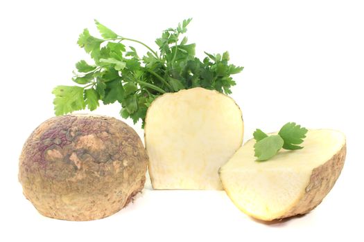 Turnip with parsley on a bright background