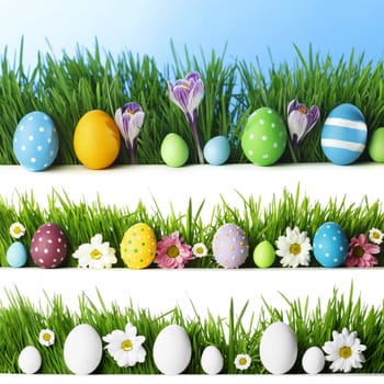 Row of Easter eggs in Fresh Green Grass