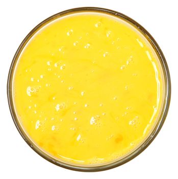 Top View Raw Scrambled Egg in Glass Bowl Over White