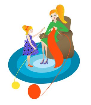 mother and her daughter, knitting at home, vector