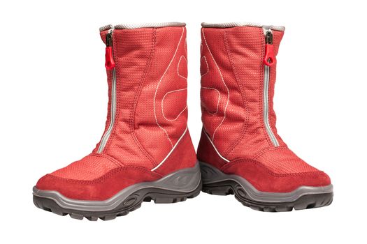 two children's red waterproof boots on a white background