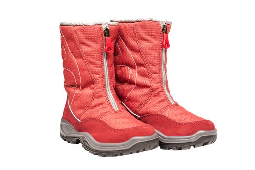 two children's red waterproof boots on a white background