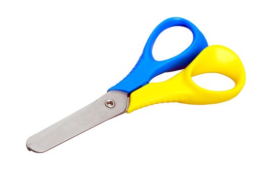 Blue scissors on white background