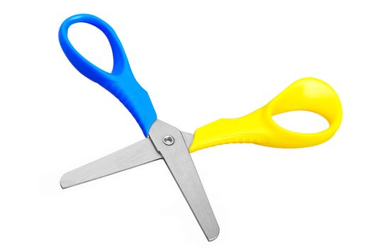 Blue scissors on white background