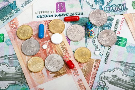 Russian currency, rouble (banknotes, coins) and pills