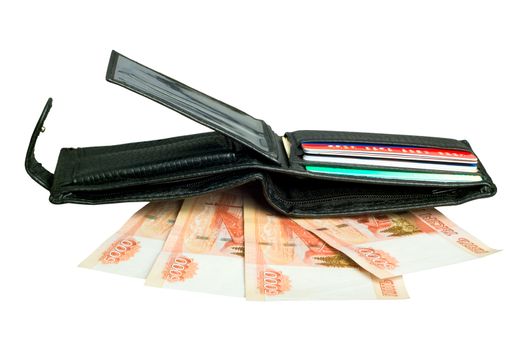 black wallet with russian rubles and plastic cards on a white background
