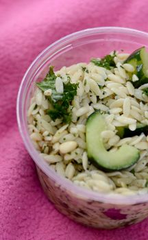 close-up of vegan orzo pasta dish