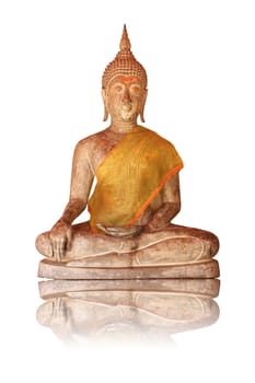 Ancient statue of Buddha on a white background