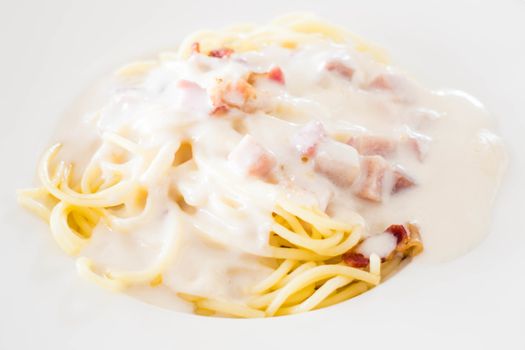 Closeup dish of spaghetti carbonara, stock photo