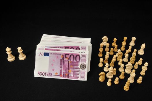 Money Strategy Concept White Chess and Currency on a Black Background