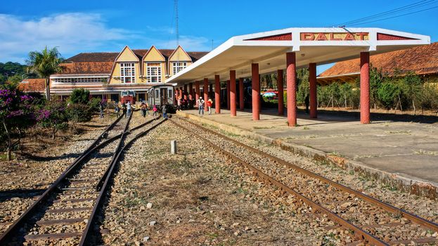DA LAT, VIET NAM- JAN 27: Ancient  station is famous place, history destination for traveller, with railway, french architecture, antique train tranport tourist to visit, Dalat, Vietnam, Jan 27, 2014