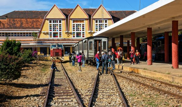 DA LAT, VIET NAM- JAN 27: Ancient  station is famous place, history destination for traveller, with railway, french architecture, antique train tranport tourist to visit, Dalat, Vietnam, Jan 27, 2014