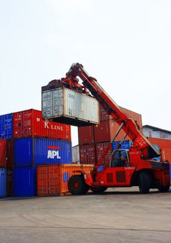 HO CHI MINH CITY, VIET NAM- MAR 19 :  Forklift truck crane container at  freight depot, cargo box in stack, this industrial port is logistic service of import, export  goods ,Vietnam, Mar 19, 2014