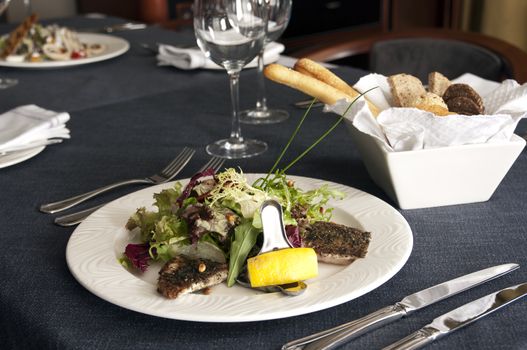 Beautiful decorated table. Tasty and beautiful food in a restaurant