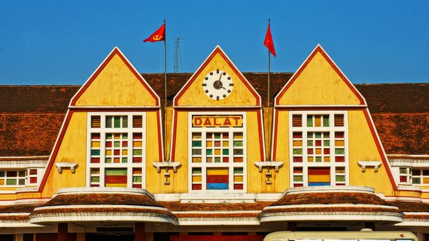 DA LAT, VIET NAM- JAN 27: Close up of ancient  station, famous place, history destination for travel in Vietnam, with french architecture, antique roof and amazing colors, Dalat, Vietnam, Jan 27, 2014