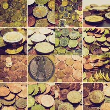 Vintage retro looking Euro money collage with coins (European currency)