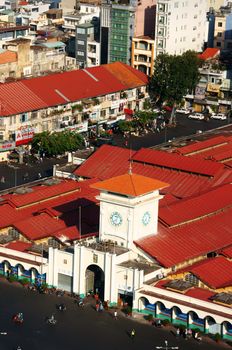 HO CHI MINH CITY, VIET NAM- MAR 23: Ben Thanh market from high view, place is famous destination of Vietnam travel in Ho chi Minh, ancient architecture, amazing red roof on day, VietNam, Mar 23, 2014