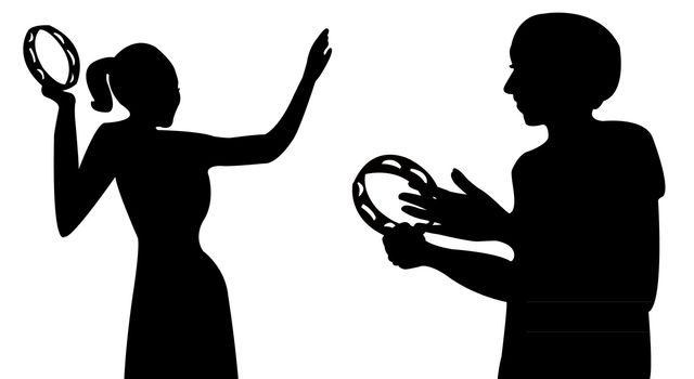 two girls playing tambourine and dancing, vector