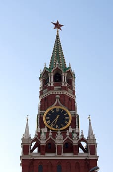View on Spasskaya Tover against  blue sky, Moscow, Russia.