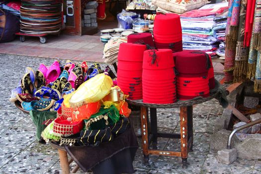 Traditional fez and on display at a touristic street market in Istanbul