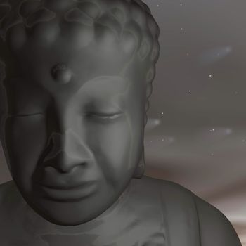 Close up of one golden buddha face meditating on night background