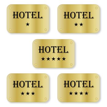 Set of five golden hotel labels in white background