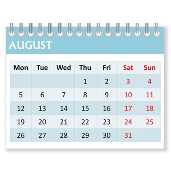 Calendar sheet for august month in white background, week starts from monday