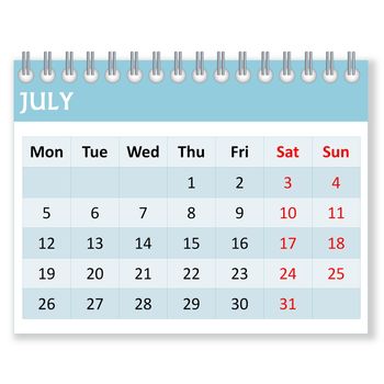 Calendar sheet for july month in white background, week starts from monday