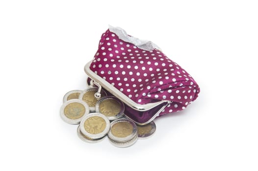 Beautiful purse with coins isolated on white background 