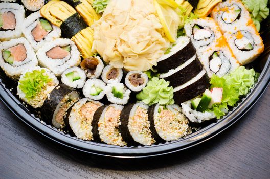 Sushi set takeaway. Traditional Japanese food. 